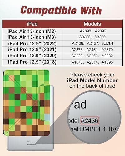 Miss Adola for iPad Air 13 Inch M3 2025 & M2 2024 Case for iPad Pro 12.9 inch 2022/2021/2020/2018 Case - Folio Protector Cover with Pencil Holder Cute Cool Cartoon for Boys Girls, Green Check thumbnail 2