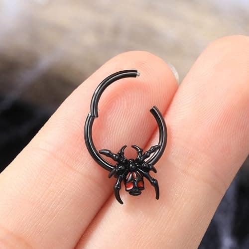 Jewseen 16G Black Spider Septum Ring - Hinged Segment Ring for Women & Men - Halloween Septum Clicker thumbnail 3