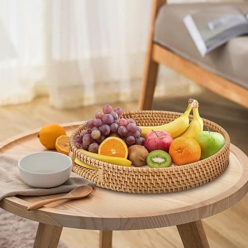 Whalehub Round Rattan Serving Tray with Handles, Hand Woven Basket, Home Decor Organizer Tray for Breakfast, Tea, Snack, Fruit, Coffee,Storage (Medium)(11.9inchX1.7inch) thumbnail 2