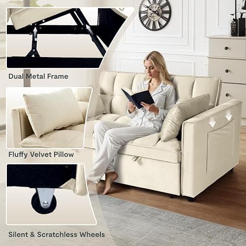 FLEXISPOT XCT4 Pull Out Couch, 3-in-1 Sleeper Sofa Bed with Adjustable Backrest, Loveseat Sleeper with Pillows & Side Pockets, Convertible Futon Couch for Small Spaces Guest Room Apartment, Cream thumbnail 5