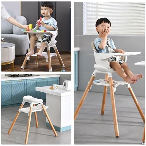 Komcot High Chair, 6 in 1 Wooden Convertible High Chairs for Babies and Toddlers, Booster Seat with Double Tray & Reversible Footrest Baby Highchair, 5-Point Harness Baby Feeding Chair, Beige thumbnail 7