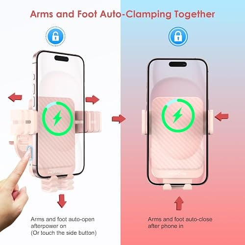 Wireless Car Charger, MOKPR 15W Fast Charging Auto-Clamping Car Charger Phone Mount Air Vent Cell Phone Holder Compatible iPhone 16/15/14/13/13 Pro/12 pro/12/11, for Samsung Galaxy S23/S22/S21, Pink - Pink thumbnail 6
