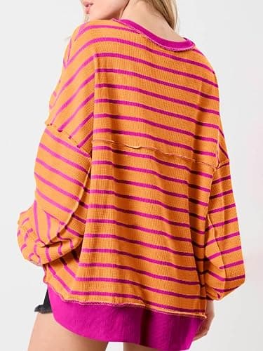 Tankaneo Womens Oversized Striped Sweatshirts Henley Shirts Color Block Casual Pullover Waffle Knit Tops thumbnail 2