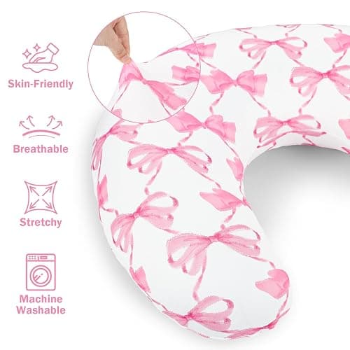 HNHUAMING Nursing Pillow Cover 2 Pack, Stretchy Breastfeeding Pillow Covers, Removable Feeding Pillowcase for Newborn, Ultra Soft Nursing Pillow Slipcover for Baby Girls Boys, Pink Bow thumbnail 5