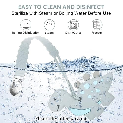 Teething Toys for Babies, Baby Teethers with Clip Silicone Baby Teether Toys for Boys and Girls Infant Teething Relief for Teething Dinosaur Shape, Gray thumbnail 6