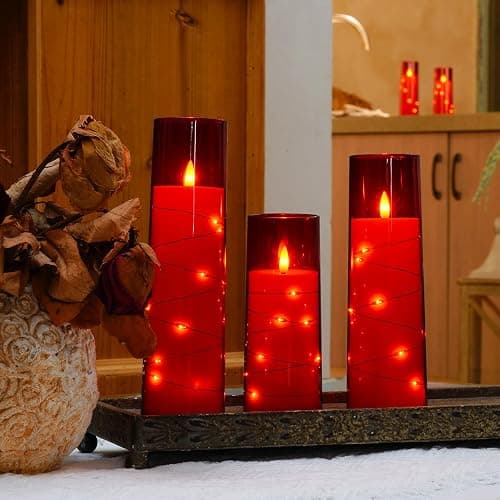 Raycare Valentines Day Flameless Candles with Embedded Star String, 5 Pcs Battery Operated Acrylic Pillar Candles with Timer and Remote, LED Candles for Romantic Ambiance and Home Decoration(Red) - Red thumbnail 5