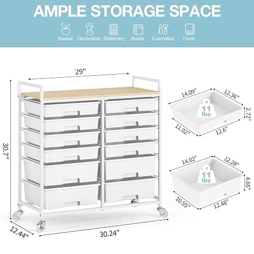 Rolling Storage Cart with 12 Drawers, Wooden Tabletop Utility Cart for Craft Storage, Art Supply Storage & Home Office Organization, Teacher Cart with Wheels for Classroom, School (White) thumbnail 3