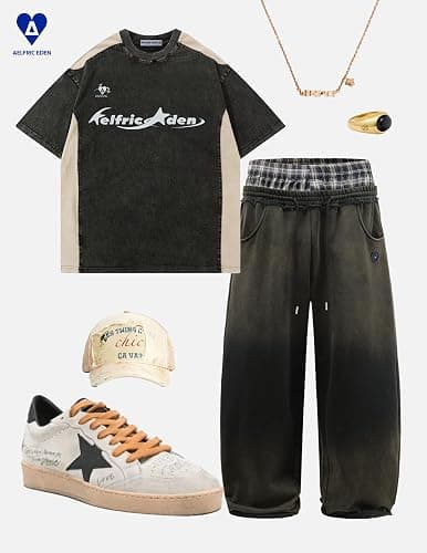 Aelfric Eden Double Waist Washed Baggy Sweatpants Loose Wide Leg Plaid Patchwork Casual Pants with Pockets thumbnail 5