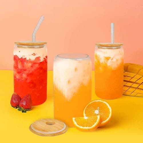 GIVAMEIHF Drinking Glasses with Bamboo Lids and Glass Straw 4 pcs set,16oz Glass Cups with Lids and Straws,Iced Coffee Glasses,Cute Tumbler Cups for Soda,Coffee Cups thumbnail 2