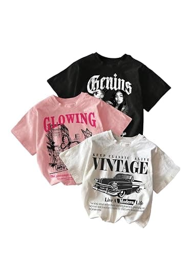 RoseSeek Girl's 3 Packs T Shirts Set Letter Graphic Tees Short Sleeve Crew Neck Summer Tee Shirt - Image 1