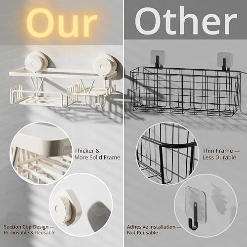 KEGII Shower Caddy Suction Cup with Soap Holder and Hooks, Removable Suction Bathroom Organizer Shelf, No Drilling Shower Organizer, Stainless Steel Shampoo Holder for Bathroom Storage, Cream White thumbnail 5