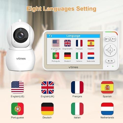 VTimes No WiFi Baby Monitor Camera & Auido, 5" Screen with 30Hr Battery | Pan-Tilt-Zoom, VOX Mode, Two-Way Audio, Night Vision, 1000ft Long Range，Temperature Alert, Lullabies,French & English thumbnail 8