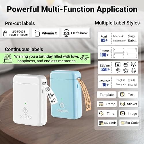 ORGBRO Label Maker Machine with Tape, X1 Portable Bluetooth Mini Label Printer, Support Pre-Cut & Continuous Label, Wireless Small Label Makers with Versatile App for School Home Office Organization thumbnail 2