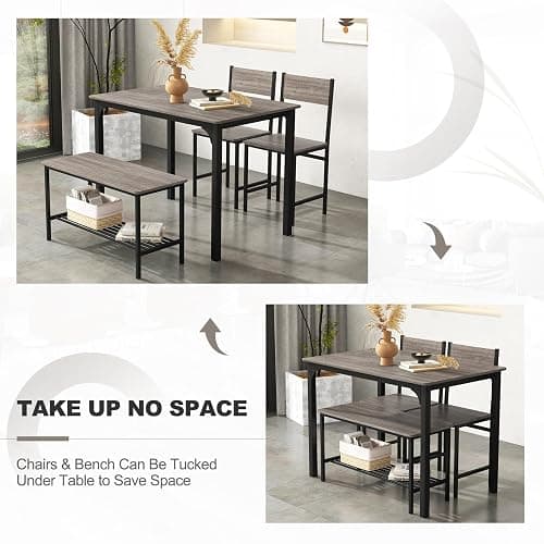 Giantex Dining Table Set for 4, Kitchen Table with Bench and Chairs, Industrial Gathering Bench Dining Set W/Metal Frame & Storage Rack, Dinette Set, Modern Functional Desk Set (Black Oak) thumbnail 4