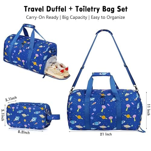 Vipdeal Boys Duffle Bag for Travel, Kids Duffle Bag Large Weekender Overnight Bags with Kids Toiletry Bag Set Shoe Compartment Carry on, Space Blue thumbnail 2