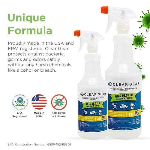 Clear Gear Gym Disinfectant, Yoga Mat Cleaner, Deodorizer For Sports Equipment, Gyms, and Fitness Centers - Mixed Pack - 16 Oz and 32 Oz Bottle Hospital grade Disinfectant Spray Pack thumbnail 2