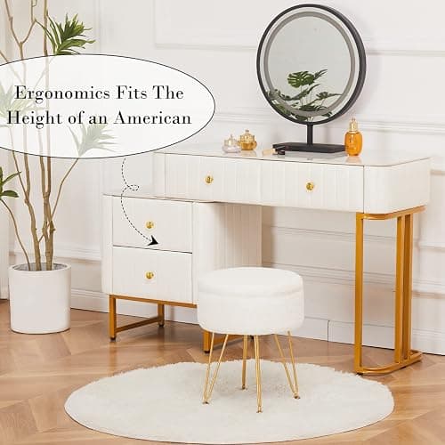 Cplxroc Footrest Footstools Round Faux Fur Ottoman with Storage Space Soft Vanity Chair Seat Coffee Table Ottoman Small Side Table Metal Legs with Adjustable Footings (Cream) thumbnail 7