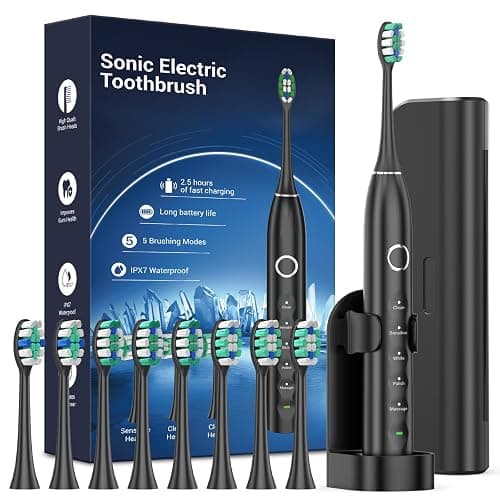 Rtauys S5 Upgraded Sonic Electric Toothbrush for Adults and Kids Ages 12+ with 8 Brush Heads, IPX7 Travel Toothbrush with Case, 2.5 Hours Charge for 120 Days, 5 Modes with Built-in Smart Timer Black - Image 1