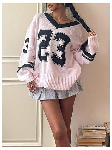 BEAUDRM Women's Y2K Sweater Oversized Sweaters Long Sleeve V Neck Pullover Jumper Knit Top thumbnail 3