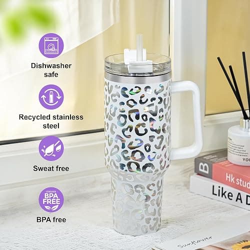 FECBK 40 oz Tumbler with Handle and Straw, 100% Leak-Proof Travel Mug, Stainless Steel Double Wall Vacuum Insulated Coffee Cup Keeps Cold For 34 Hours, Dishwasher Safe, Purple Leopard thumbnail 7
