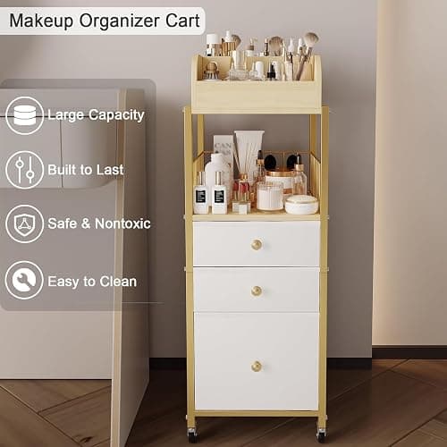 Makeup Organizer Cart with Drawers, Floor Skincare Organizers Make Up Organizers-Vanity Organizer Cosmetic Display Cases Holder for Skin Care Perfume Nail Polish Brush Hair Tool（Gold） thumbnail 5