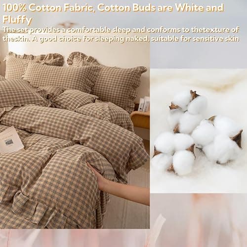 4pcs Plaid Duvet Cover Set Queen Size - 100% Washed Cotton Brown Checkered Gingham Bedding, Ultra Soft with Ruffle Edges, Includes 1 Duvet Cover, 1 Fitted Sheet with Bed Skirt, 2 Pillow Shams thumbnail 3