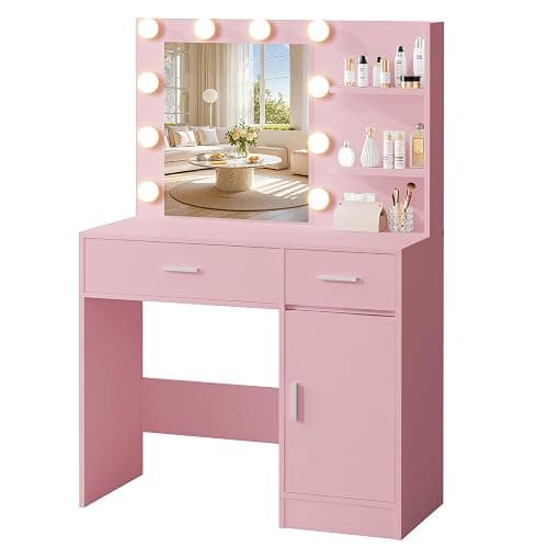 LIVELYGLOW Lighted Makeup Vanity Desk, 35.4“W x 15.7'”D x 54“H, Pink (with Lights and Mirror, Dimming Fuction, 2 Drawers and 1 Cabiniet, Open Shelves) thumbnail 3