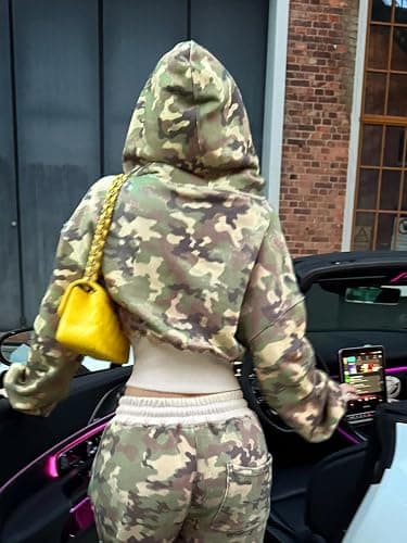 Gugujing 2 Piece Camouflage Tracksuit Set For Women,Long Sleeve Hooded Top With Wide Leg Pants,Casual Zipper Sweatsuit thumbnail 6