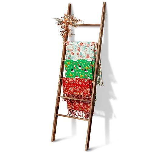 6-Tier Blanket Ladder Wooden, 5.7FT(66.5'') Blanket Quilt Towel Holder Rack Decorative Ladder, Easy Assembly, Rustic Farmhouse Ladder Shelf for The Living Room Bedroom Bathroom Home Decor, Brown - Image 1