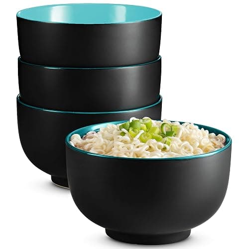 KooK Ramen Bowl, Japanese Bowls, Noodle Bowls, Large Soup Bowl, Ceramic, Large Capacity, For Ramen, Pho, Udon, Soba, Microwave and Dishwasher Safe, 34 oz, Set of 4 (Black/Teal) - Image 1