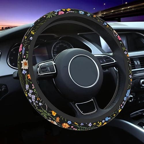 Wildflower Steering Wheel Cover for Women Men, Anti-Slip Breathable and Sweat Absorption Universal 14.5-15 Inch Cute Steering Wheel Protector, Wildflower Floral Car Accessories - Image 1