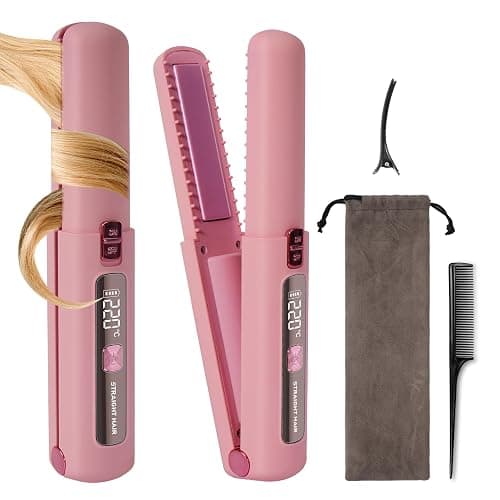 Cordless Hair Straightener, 2 in 1 Ceramic Flat Iron and Curler with Hairpin, 6 Levels of Temperature Adjustment, 4500mAh Battery, Type-C Charging, Portable Hair Straightener for Travel (Pink) - Image 1