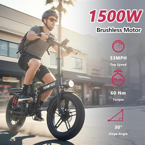 Tomofree 16" Electric Bike for Adult, 1500W Peak Motor 33MPH Ebike, 48V 20AH Battery, 40 Miles Long Range Ebike, Fat Tire E-Bike, All-Terrain Electric Bicycle with 2 Seats thumbnail 2