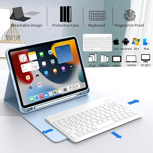 KenKe for iPad(A16) 10th/11th Generation Case with Keyboard (10.9/11 inch) 2022/2025, Soft TPU Back Stand Cover with Pencil Holder, Magnetically Detachable Wireless Bluetooth Keyboard, Sky Blue thumbnail 2