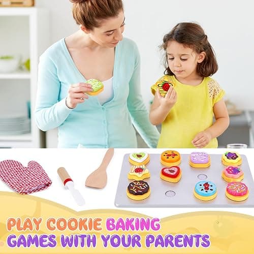 Slice and Bake Wooden Cookie Play Food Set for Kids Kitchen - Toy Food Accessories - Kids Pretend Cookies and Baking Sheet, Toy Baking Set for 3+ Year Old Boys Girls Birthday Gifts thumbnail 7