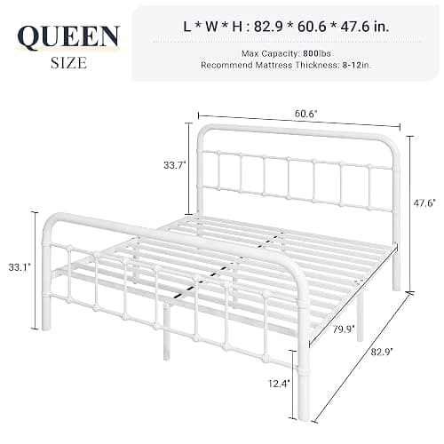 Allewie Queen Size Metal Platform Bed Frame with Victorian Style Wrought Iron-Art Headboard/Footboard, No Box Spring Required, White thumbnail 2