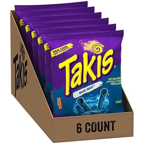 GroceriesRus American Snacks - Takis Blue Heat Rolled Tortilla Chips, Hot Chili Pepper Artificially Flavored - 3.25oz (92.3g) Pack of 6 - Image 1