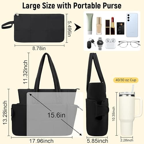 Sambois Puffer Tote Bag with Large Cup Holder& 15.6 Inch Laptop Compartment, Lightweight Puffy Work Bag with Water Bottle Pocket, Large Laptop Tote with Clutch Purse for Commuter Teacher Nurse (Black) thumbnail 5
