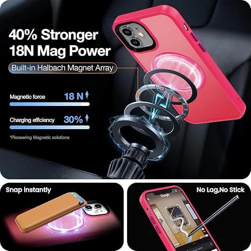 DEERLAMN Magnetic Matte Case for iPhone 12/12 Pro with Screen Protector, [Compatible with MagSafe][Military Grade Drop Protection] Slim Translucent Shockproof Protective Phone Cover, Hot Pink thumbnail 3