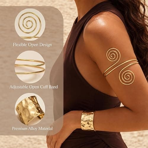KICOSY 6PCS Gold Bangles Cuffs for Women, Boho Adjustbale Gold Accessories | Chunky Gold Bangles and Arm Cuffs for Prom, Beach, Costumes Party thumbnail 3