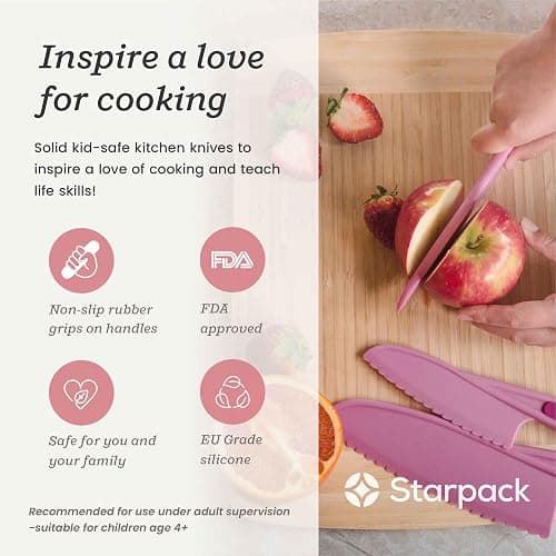 Starpack 'Finger Loving' Kid Safe Kitchen Knife Set of 3 - Kids Knife Set for Real Cooking - Serrated Edges Toddler Knife Sets for 3+ Year Olds - Montessori Knife Sets - BPA-Free Nylon Knives for Kids thumbnail 5
