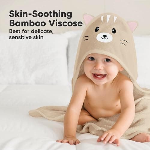 KeaBabies Hooded Baby Towel for Newborn - Viscose Derived from Bamboo Large Baby Bath Towels with Hood for Boys, Girls, Toddler, Extra Absorbent & Soft Newborn Bath Essentials (Cat, Petite) thumbnail 4