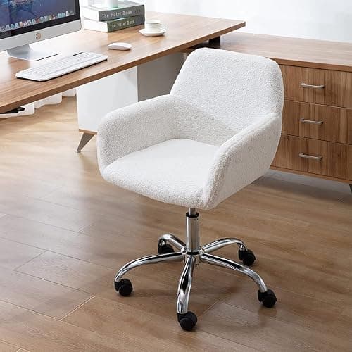 HomVent Faux Fur Home Office Chair for Women Girl, Modern Accent Chair Furry Makeup Desk Chairs with Rolling Wheels Armrest for Living Room Bedroom Office Vanity White thumbnail 6