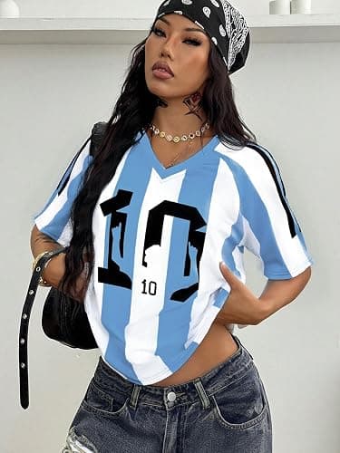Oversized Jersey Shirts for Women Argentina Jersey Brazil Shirt Pink Soccer Mom Tshirts Y2k V Neck Short Sleeve Top thumbnail 3