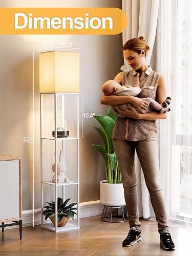 Floor Lamp with Shelves for Living Room White, Shelf Floor Lamp with 3 CCT LED Bulb, Corner Display Standing Column Lamp Etagere Organizer Tower Nightstand with White Linen Shade for Bedroom, Office thumbnail 4