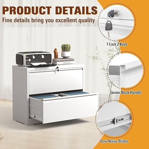 2-Drawer Lateral File Cabinet with Lock, Black Metal Filing Cabinet for Office or Home – Secure Storage for Letter/Legal/A4/F4 Documents, Easy to Assemble Locking File Organizer (White, 2 Drawer-26"W) thumbnail 3