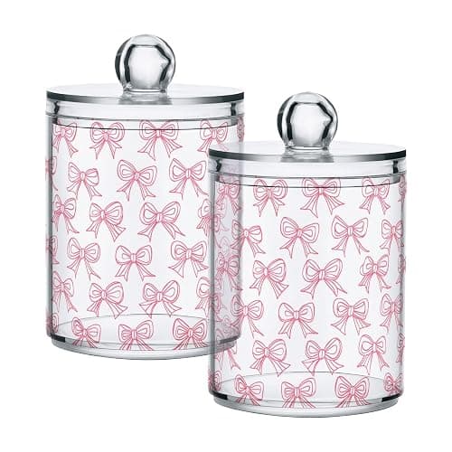 2 Pack Qtip Holder Dispenser with Lids, Cute Pink Bows Plastic Storage Containers, Bathroom Canisters Organizer for Cotton Swab, Cotton Round Pads, Floss 21219887 - 2 Pack - Cute Pink Bows 21219887 - Image 1