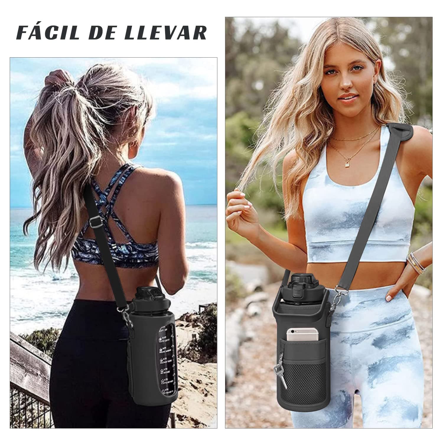 MOYAC Botella Agua con Funda Protectora, Botella de Agua 2 Litros con Pajita, Asa, Correa para el Hombro, Función de Apertura con un Botón, para Fitness, Viajes, Escuela, Oficina (Negro) thumbnail 3