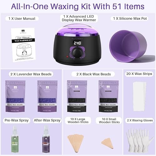 BLITZWAX Brazilian and Bikini Waxing Kit for Women, Hard Wax Warmer for Face, Legs and Body, At Home Hair Removal Kit, Beginner Friendly, Digital Fast Heating, 51 Wax Items thumbnail 6