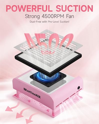 BRANTMAKER Nail Dust Collector with Brush and 2 Reusable Filters, 60W Vacuum Dust Fan for Acrylic Nails (pink) thumbnail 2